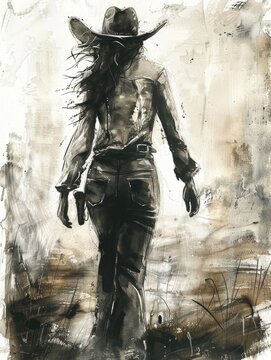 Pretty rear view of a cowgirl walking away. Old west. Wild west