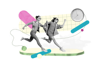 Collage competition of two girls running fast speed hurry up way timer clock productivity no time action isolated on green background