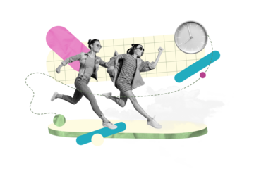 Collage competition of two girls running fast speed hurry up way timer clock productivity no time action isolated on green background