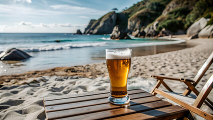 Glass of Beer on a Sunny Beach by the Ocean