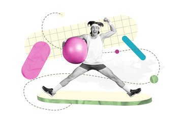 Collage design picture artwork of crazy professional sportsman show biceps jump hold fitball strong practice isolated on green background