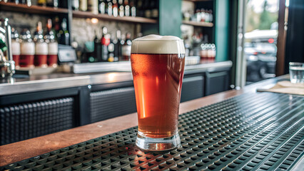 Pint of Beer on a Bar Countertop in a Pub