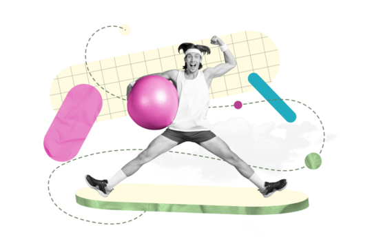 Collage design picture artwork of crazy professional sportsman show biceps jump hold fitball strong practice isolated on green background