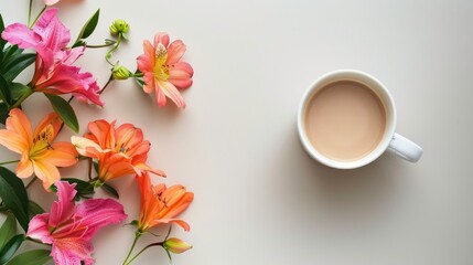An inviting composition featuring a cup of fragrant coffee next to colorful flowers all set against a blank background creating a serene copy space image. Generative AI
