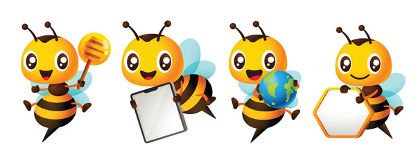 Cartoon cute honey bee various poses mascot set. Clip art character illustration