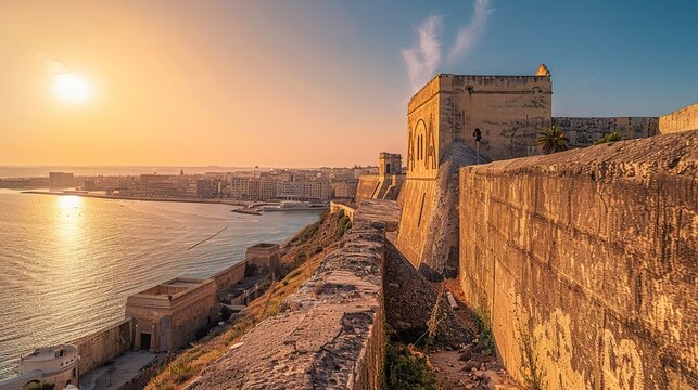 Back View Eye-Level Angle of Fort Santa Cruz in Oran, Algeria with Dramatic Backlighting: Capturing the City and Sea under Clear Skies with High Contrast