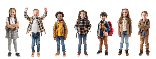 Group of cheerful kids standing with backpacks isolated on transparent background