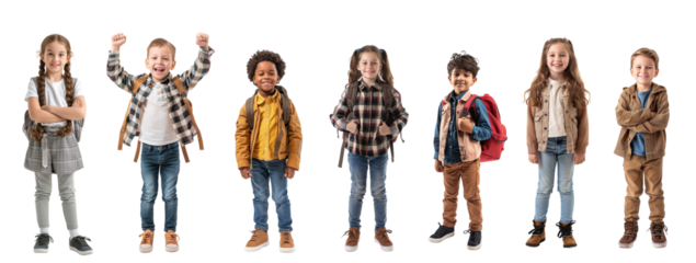 Group of cheerful kids standing with backpacks isolated on transparent background