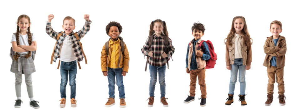 Group of cheerful kids standing with backpacks isolated on transparent background