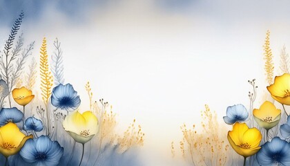 Niebieskie i żółte polne kwiaty na białym tle. Łąka kwiatowa, kwiatowe tło