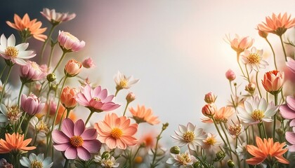 Fototapeta premium Kolorowe, różowe i pomarańczowe kwiaty na białym tle. Łąka kwiatowa, ogród, kwiatowe tło