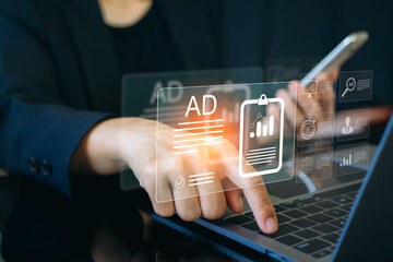 Digital marketing commerce online sale concept, Businesswoman use laptop with advertising on website. planning advertising marketing strategies to target social media native, ad, advertisers, sales.