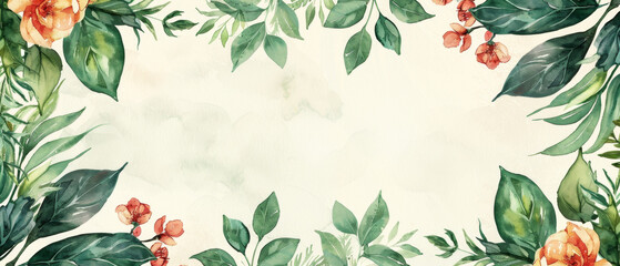 Vintage watercolor invitation with leafy background and floral elements in a botanical frame illustration.