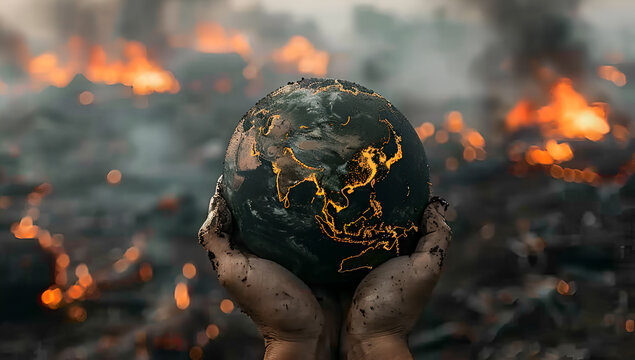 Hand holding pollution earth with polluted environment on background.