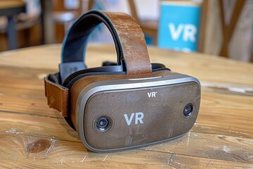 Close up of a wooden VR headset on a table, representing the fusion of traditional materials with advanced virtual reality technology in a modern design