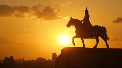 Silhouette of a indian warrior shivaji maharaj on horse at sunset