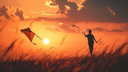 Silhouette of a man with a kite at sunset