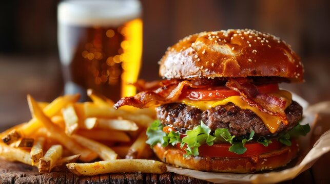 bacon cheeseburger on toasted pretzel bun served with fries and beer shot with selective focus. Generative AI - Powered by Adobe