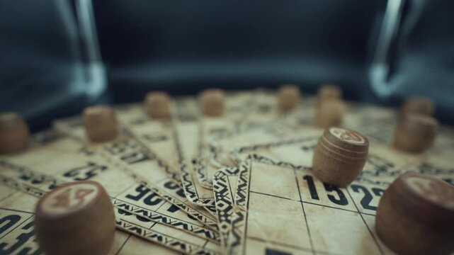 Crane pull backwards shot of a Bingo desk lottery game, vintage cards with numbers, wooden chips, super slow motion 120 fps, studio lights