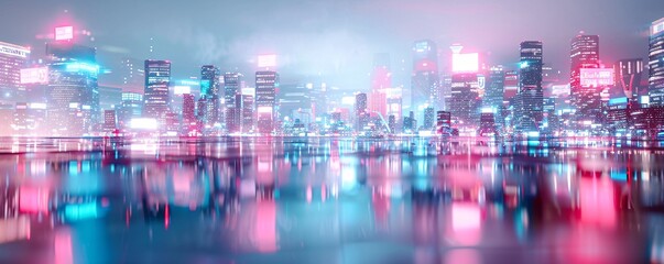 In a sprawling metropolis bathed in neon lights, holographic foreclosure signs and bankruptcy alerts hover over buildings, creating a dramatic visual effect. The dynamic cityscape provides