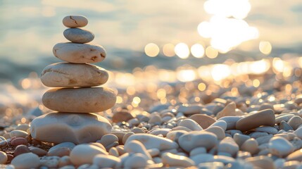 Obraz premium Balanced rock pyramid on pebbled beach with golden sea bokeh Zen stones on sea beach conveying meditation spa harmony and balance. Generative AI
