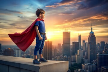 Heroic Kid on Rooftop Blur: A blurred background of a superhero kid standing confidently on a rooftop, with a cityscape in the distance.