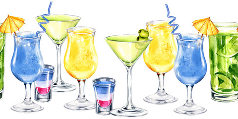 set of different cocktails, shots with straw, umbrella, watercolor seamless border, illustration of summer refreshing alcoholic drinks in a glass, sketch of blue Curacao, martini, tequila, Hawaii