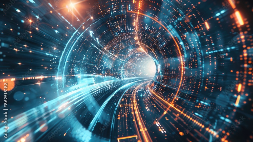 Wall mural futuristic digital tunnel with dynamic light trails and data streams