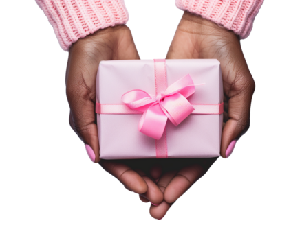 hands holding a gift box. Black female hands holding a gold present. Hands presenting a luxury pink birthday gift. Transparent png of christmas present bow wrapped. Valentines day present. Birthday - Powered by Adobe