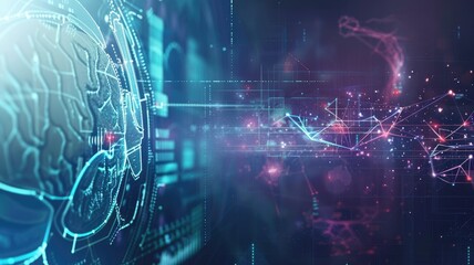 Abstract representation of artificial intelligence with digital brain and network connections overlaying stock market graphs
