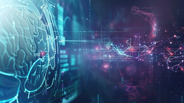 Abstract representation of artificial intelligence with digital brain and network connections overlaying stock market graphs