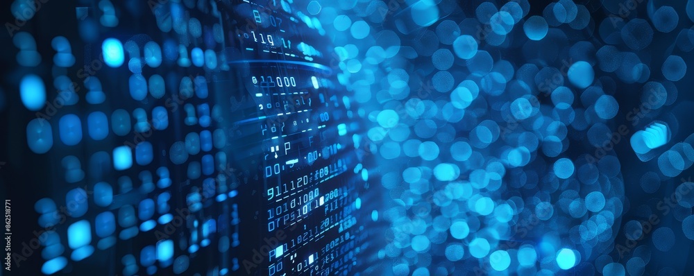 Leinwandbilder information technology and blue digital binary data network with coding and software algorithm programing as blue data flow abstract datum background banner