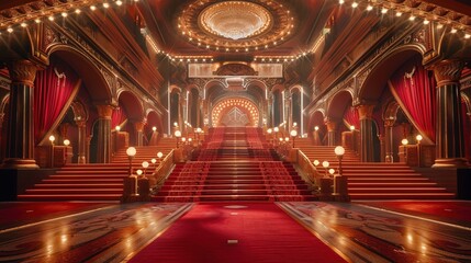 Fototapeta premium Red Carpet Bollywood Stage, Maroon Steps Spot Light Backdrop of the Golden Regal Awards