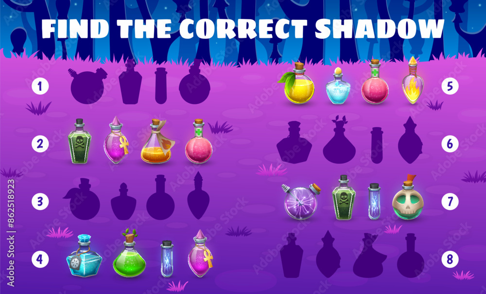 Poster halloween kids game. help to find a correct potion bottles shadow. kids vector matching quiz workshe