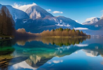 A mountain lake with crystal clear water and lush green trees surrounding it