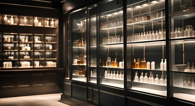 Shop display with glass display cases containing products