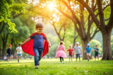Fototapeta premium Superhero Kid in Park Blur: A blurred scene of a superhero kid in a park, surrounded by green trees and playing children. 