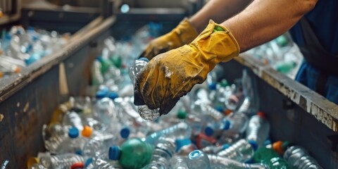 Obraz premium The hands of the employee in gloves are close-up. On the conveyor for recycling and sorting garbage from plastic bottles