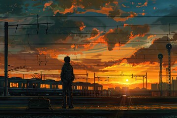 Fototapeta premium The man is waiting for the train. On the Sunset