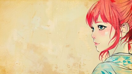 Illustrated female character with red hair, anime style, on textured background