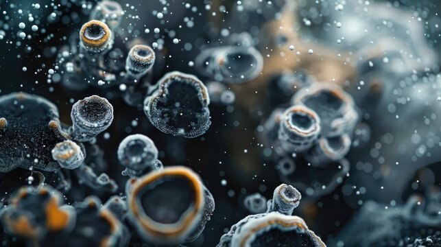 Close up imagery of black fungus spores molds and yeasts under a 40x macro lens in an air contaminated environment Microbiology lab theme with empty space