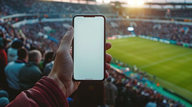 Male hand holding smartphone with blank screen on crowded sports stadium, green field in background