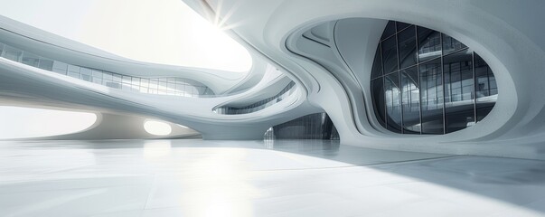 Empty minimal abstract architecture building interior or exterior concrete design with open space floor courtyard white showcase area and curved walls museum plaza, display showroom mockup background