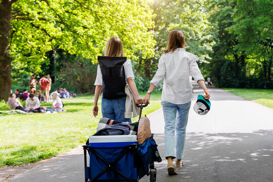 Back view two young adult beautiful woman girl friends enjoy have fun walking picnic party city park pulling  cart food drink equipment sunny day. Female person friendship summer outdoors celebration