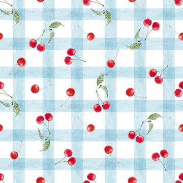 Beautiful geometric seamless pattern with hand drawn watercolor blue stripes and red cherries. Stock illustration. Wallpaper design.