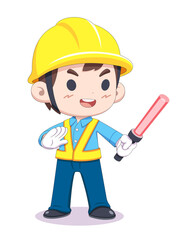 Cute style traffic director waving light baton cartoon illustration