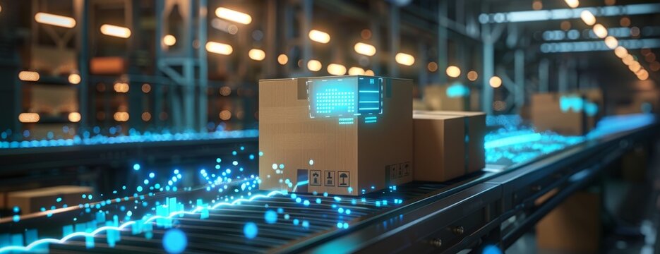 conveyor belt in a distribution warehouse with row of cardboard box packages for e-commerce delivery and automated logistics concepts as wide banner with copysapce area