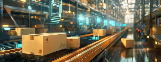 conveyor belt in a distribution warehouse with row of cardboard box packages for e-commerce delivery and automated logistics concepts as wide banner with copysapce area