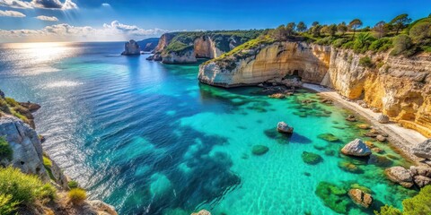 Idyllic Mediterranean coast with sunlit cliffs and turquoise waters , Mediterranean, landscape, coast, cliffs, turquoise