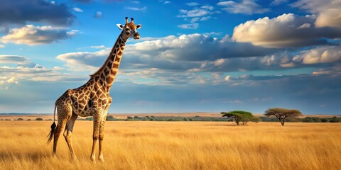 Fototapeta premium Majestic giraffe standing tall in the savannah, wildlife, safari, Africa, tall, spots, neck, mammal, exotic, nature